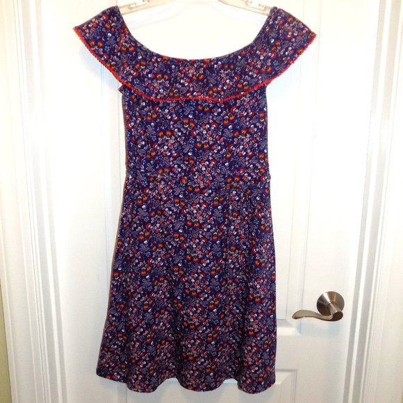BODEN Dress Bethany Off-Shoulder Blue Red Floral Knit Sz 4 Ties at Waist - Picture 2 of 6